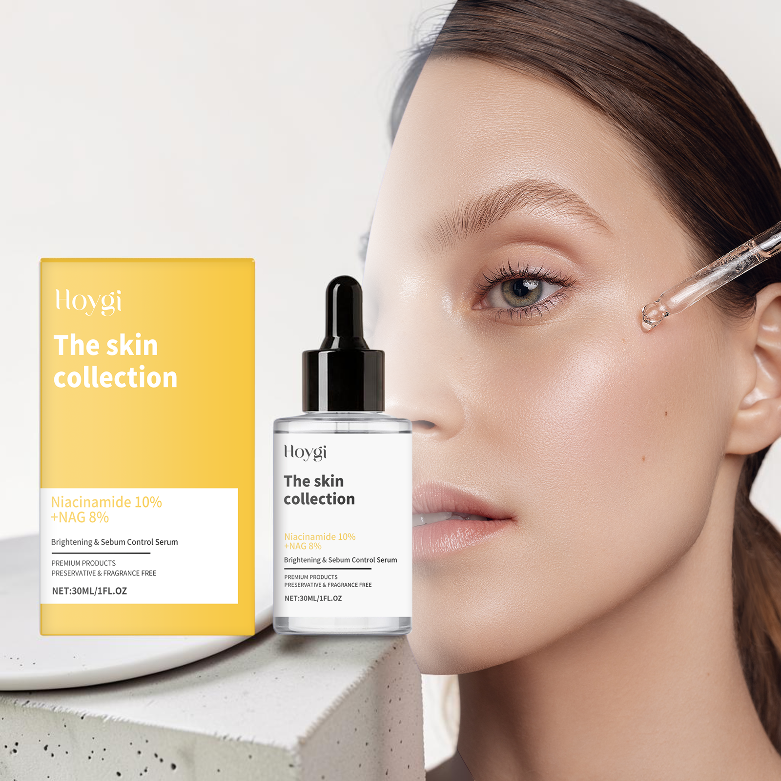 TheGromify Nicotinamide Brightening Face Serum bottle and yellow box next to a woman applying serum with a dropper.