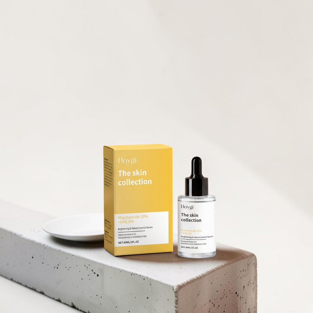 TheGromify Nicotinamide Brightening Face Serum bottle and yellow box on a minimalist concrete display