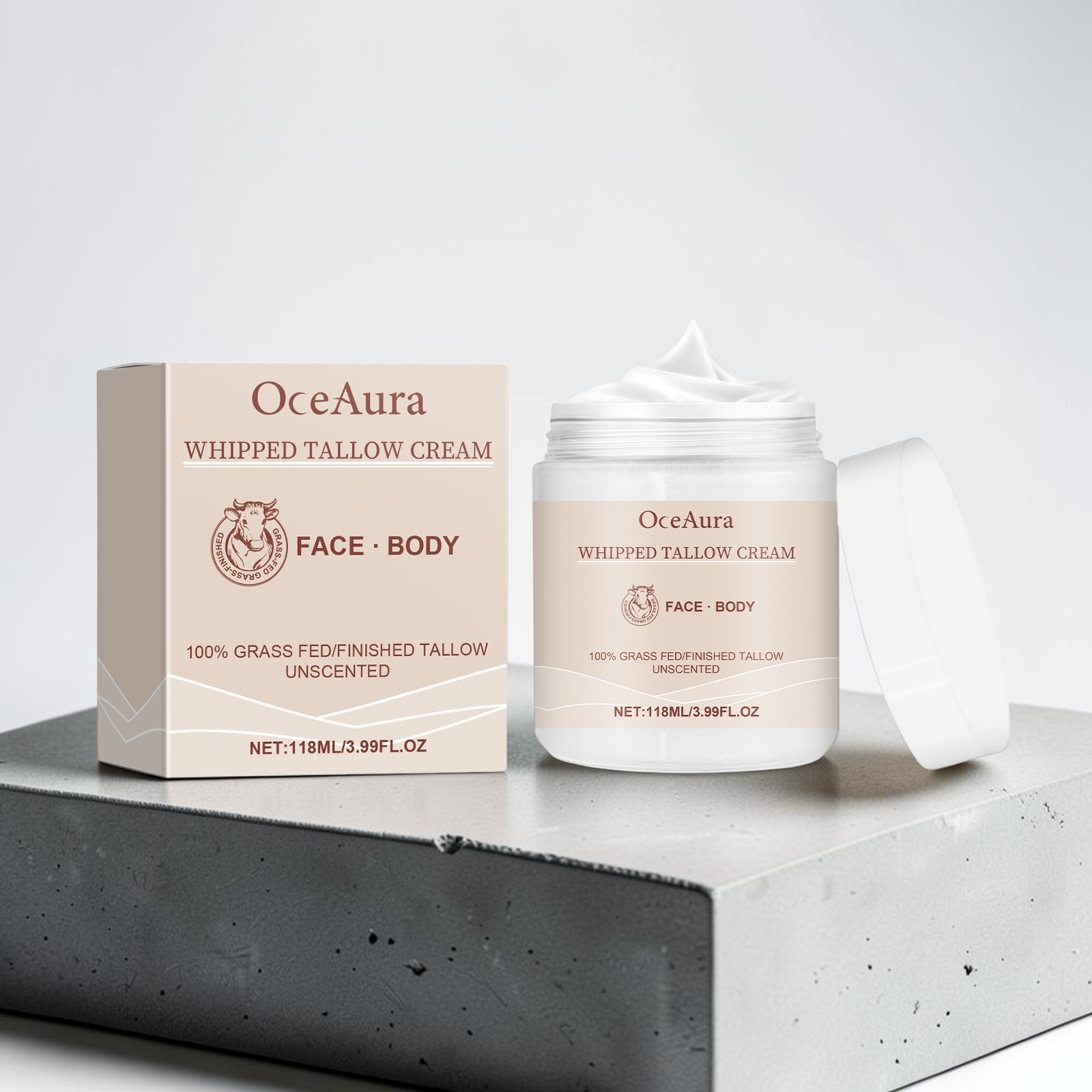 TheGromify OceaAura whipped tallow cream jar and box for face and body on a concrete block