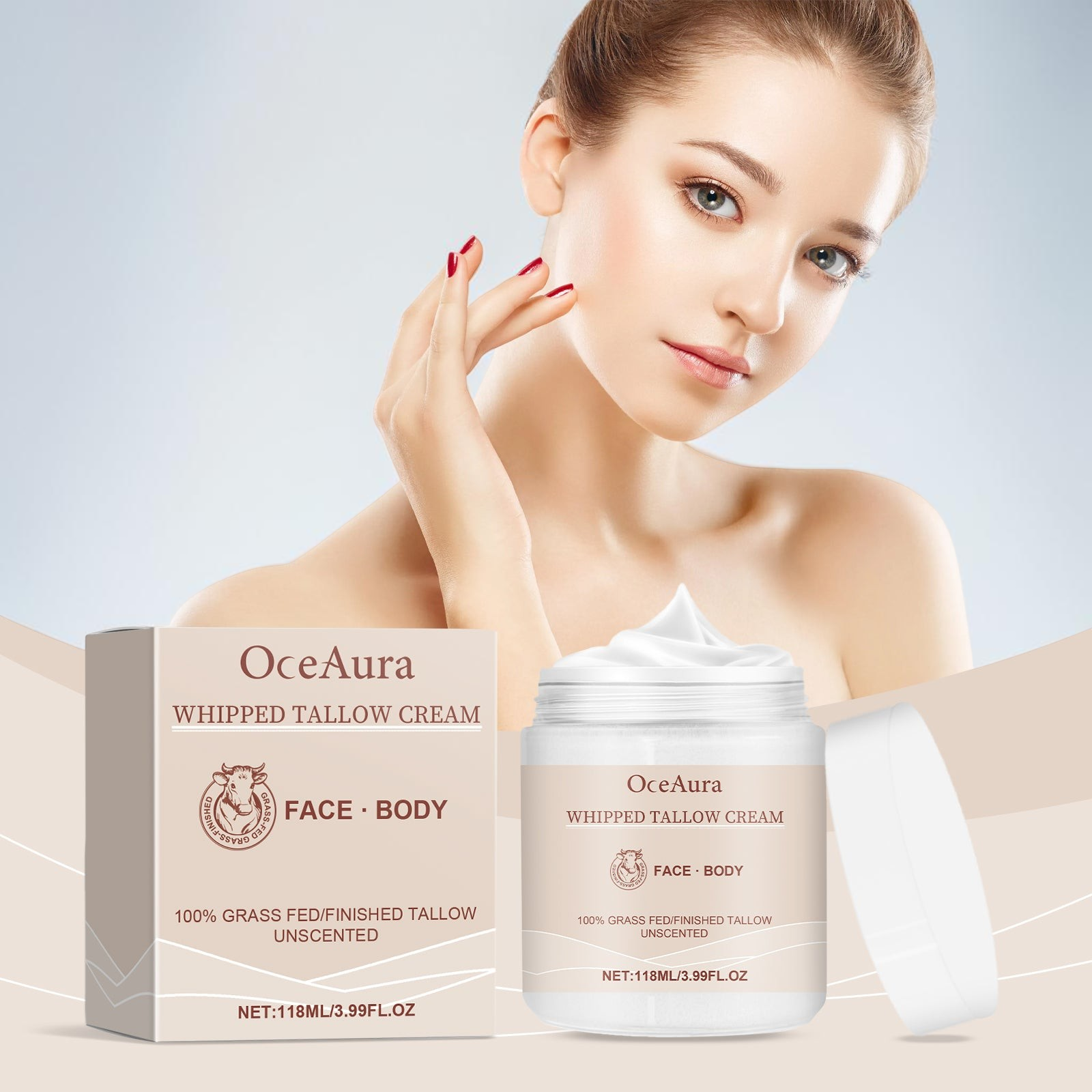 TheGromify OceaAura whipped tallow face and body moisturiser in a jar and box with a woman applying cream to her cheek.