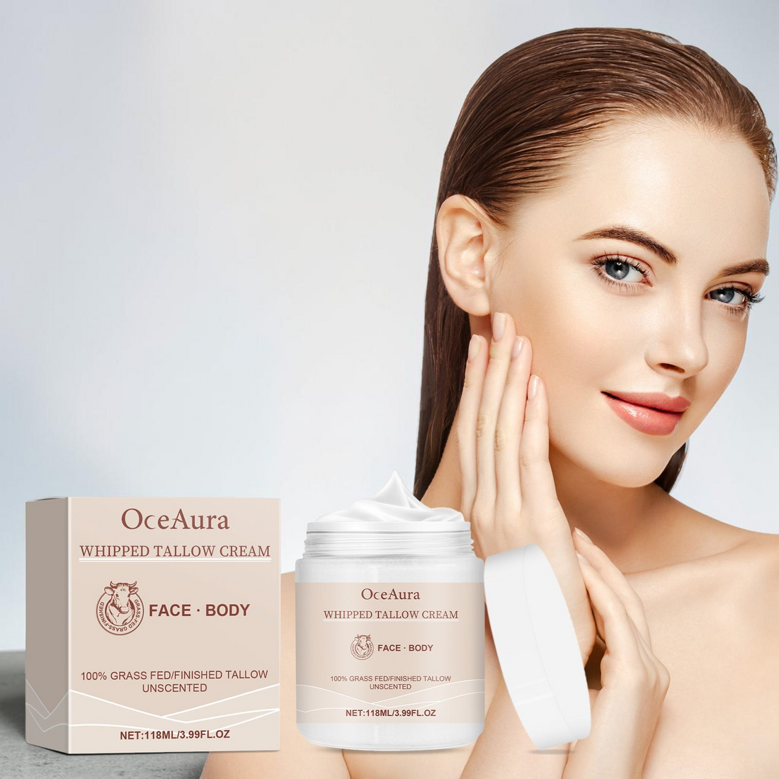 TheGromify OceaAura whipped tallow face and body moisturiser in a jar with a woman applying it to her cheek.