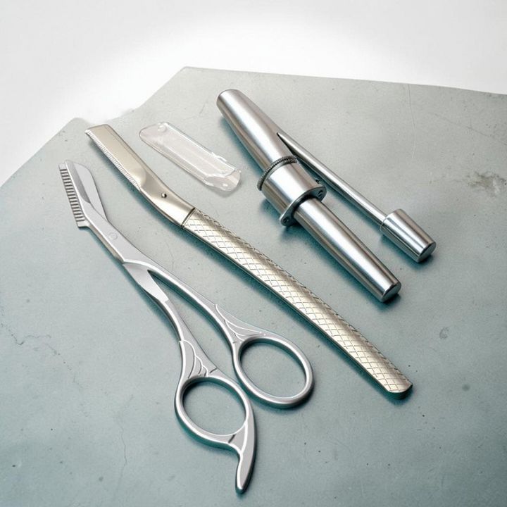 TheGromify precision brow and facial scissors with integrated comb and rounded safety tip in surgical-grade steel.