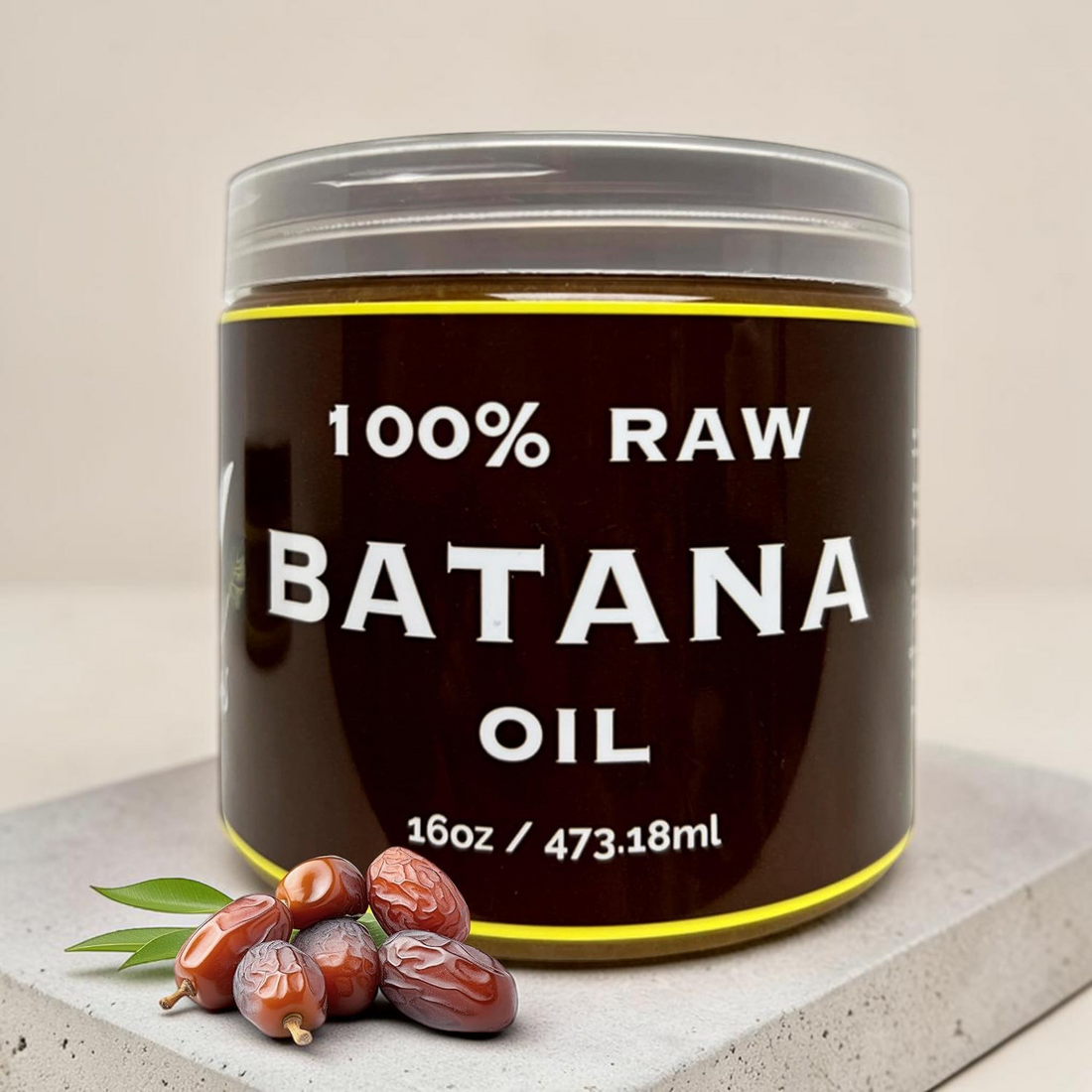 TheGromify 100% raw batana oil hair mask in a brown jar with fresh nuts on a stone base for deep hair repair.