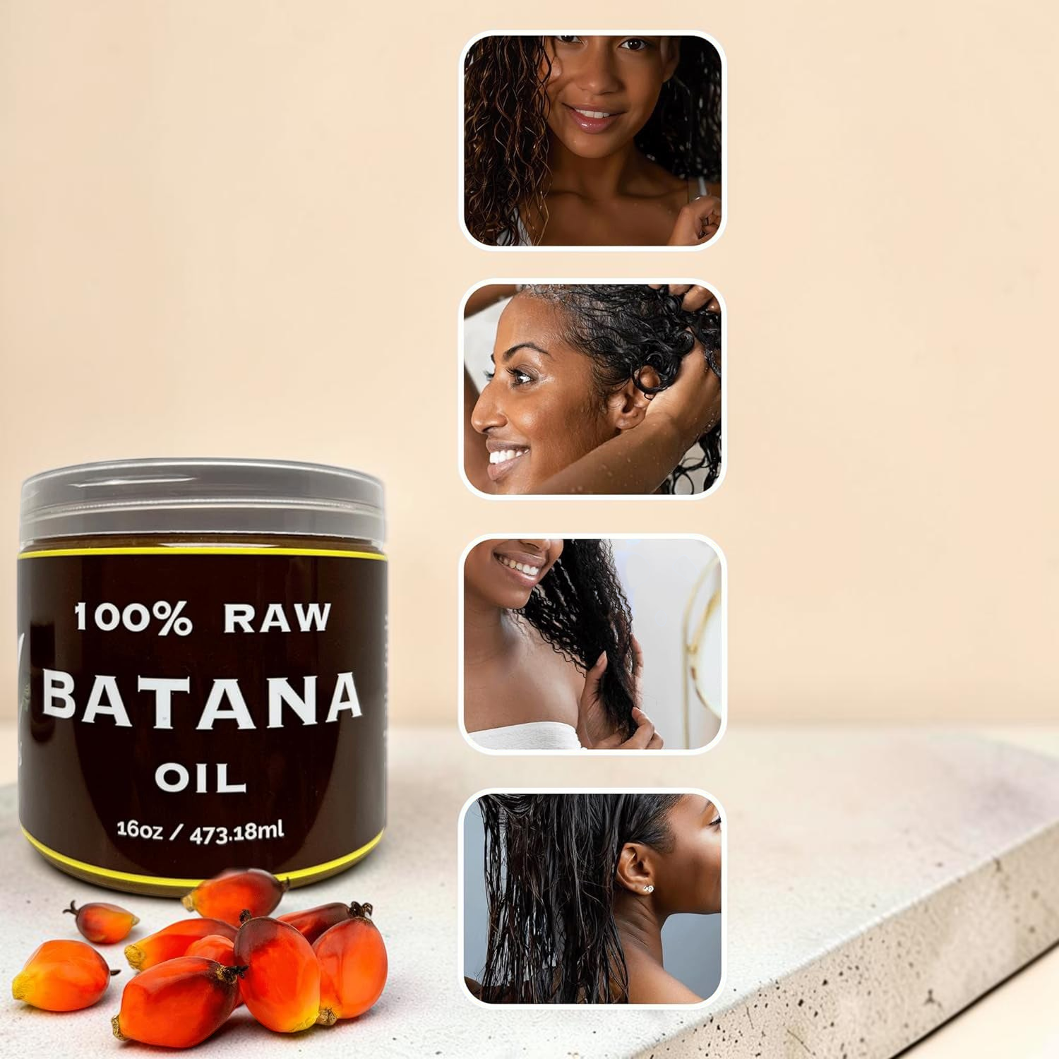 TheGromify 16oz jar of raw Batana oil for hair repair, shown with fresh palm fruit and women applying the treatment.