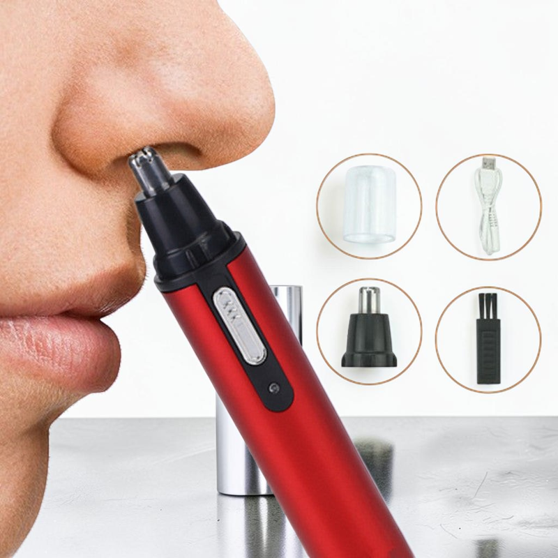 TheGromify red electric nose and ear hair trimmer with rotary dual-blade system and included charging accessories