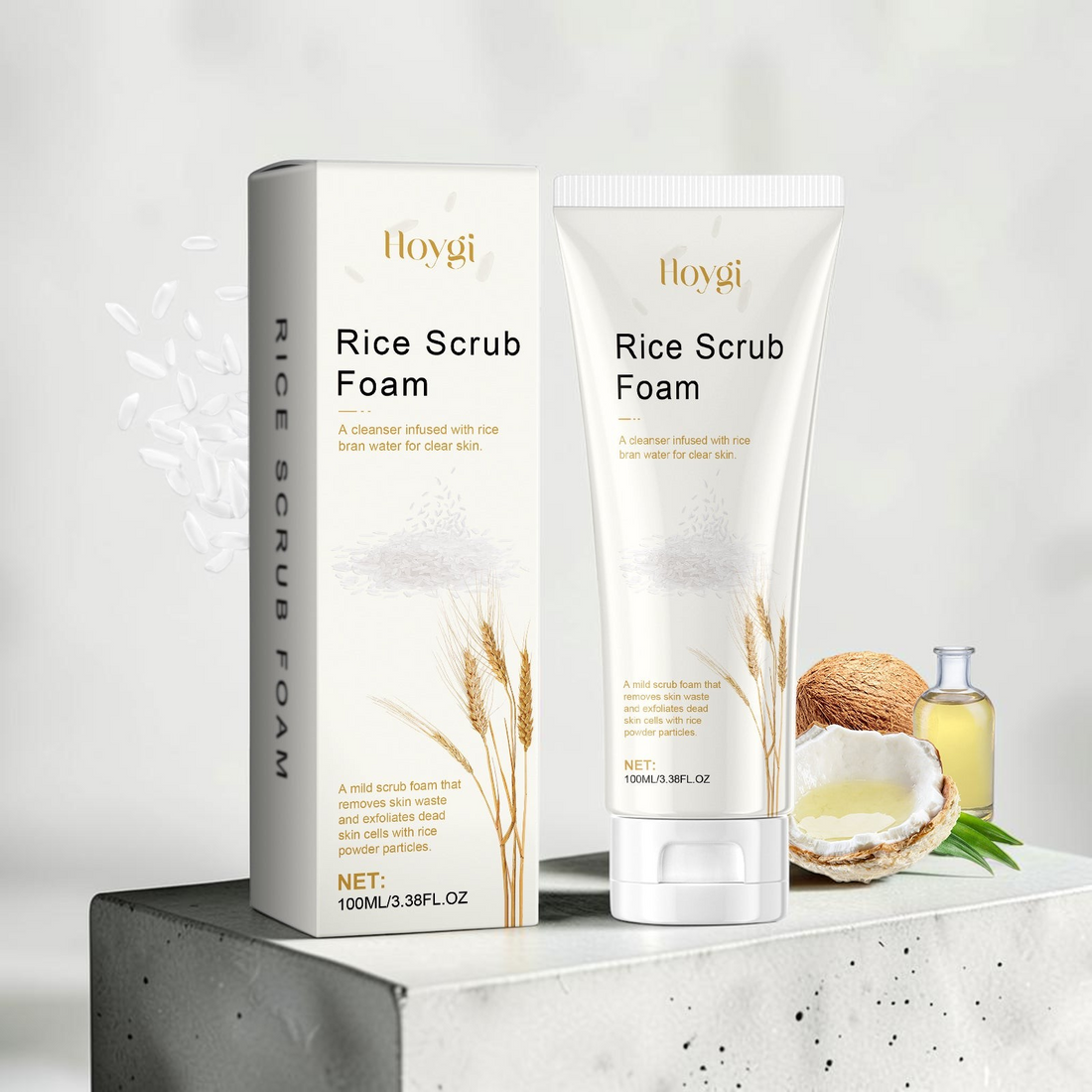 TheGromify Rice Scrub Foam cleanser in a white tube and box with rice and coconut imagery for gentle skin exfoliation.