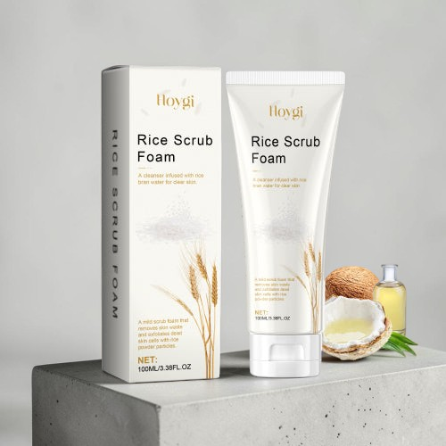 TheGromify Rice Water Daily Face Cleanser tube and box with rice and coconut imagery on a grey concrete block