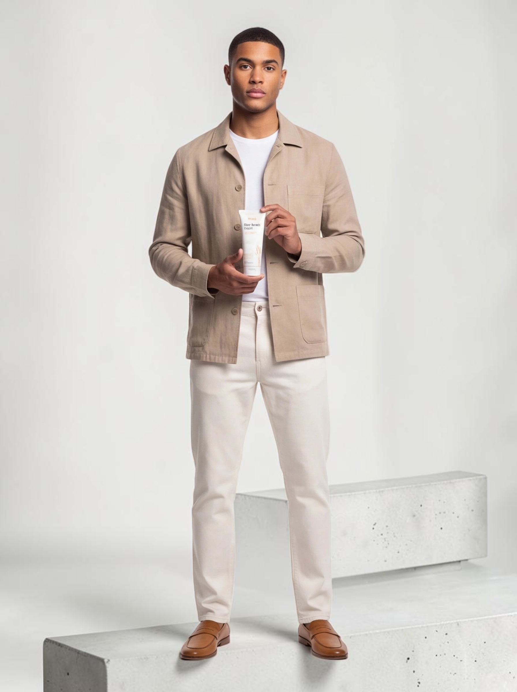A man holding a TheGromify Rice Water Daily Face Cleanser tube while wearing a beige jacket and white trousers.