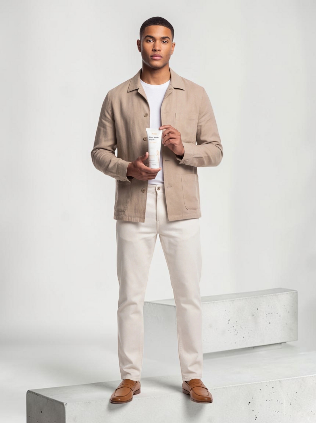 A man holding a TheGromify Rice Water Daily Face Cleanser tube while wearing a beige jacket and white trousers.