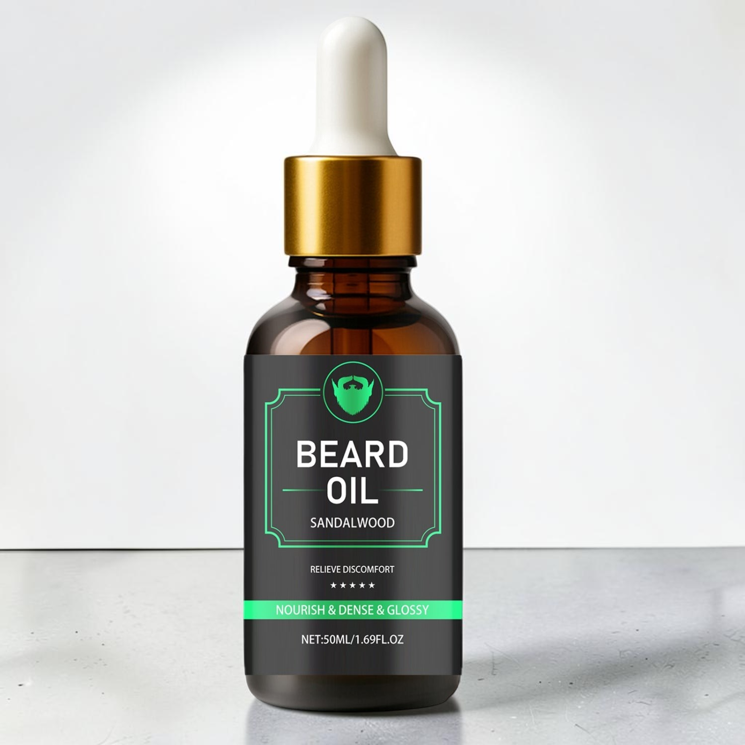 TheGromify sandalwood and jojoba beard oil in a brown glass dropper bottle for nourishing and conditioning facial hair.