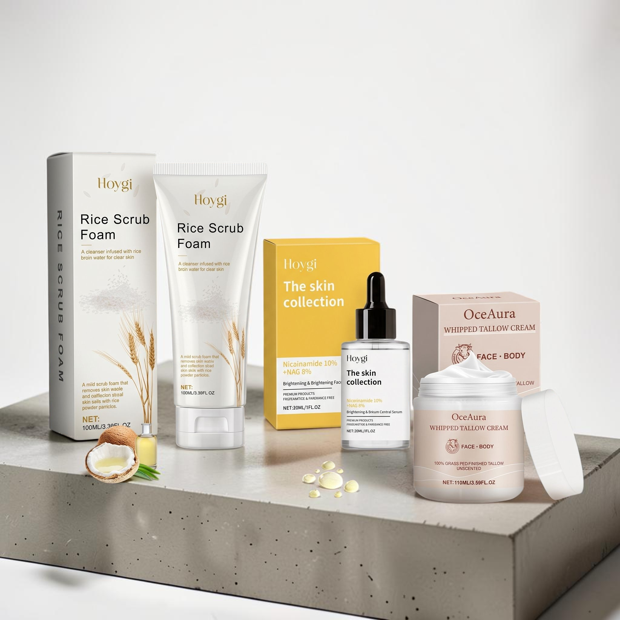 TheGromify 3-step skincare routine kit featuring rice scrub foam, brightening serum, and whipped tallow cream.