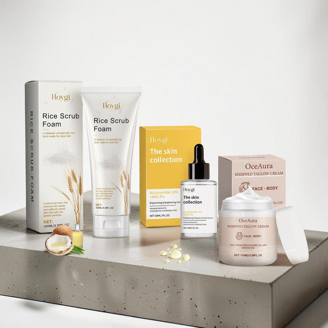 TheGromify 3-step skincare routine kit featuring rice scrub foam, brightening serum, and whipped tallow cream.