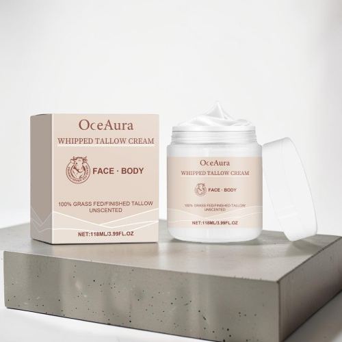 TheGromify 3-step skincare routine kit featuring OceaAura whipped tallow cream jar and box on a concrete pedestal.