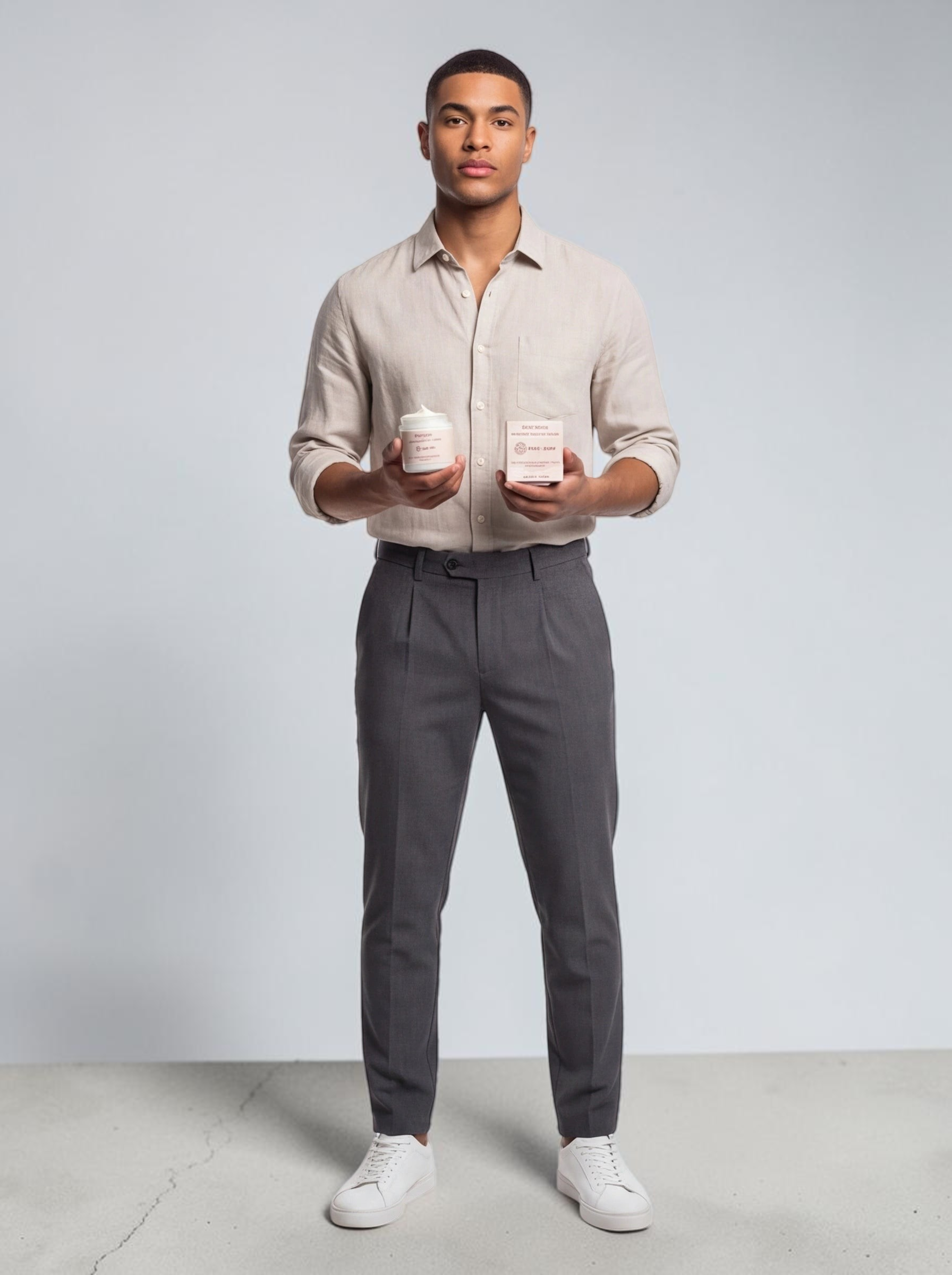 TheGromify Tallow Repair Face & Body Moisturiser jar and box held by a man in a beige linen shirt and grey trousers.