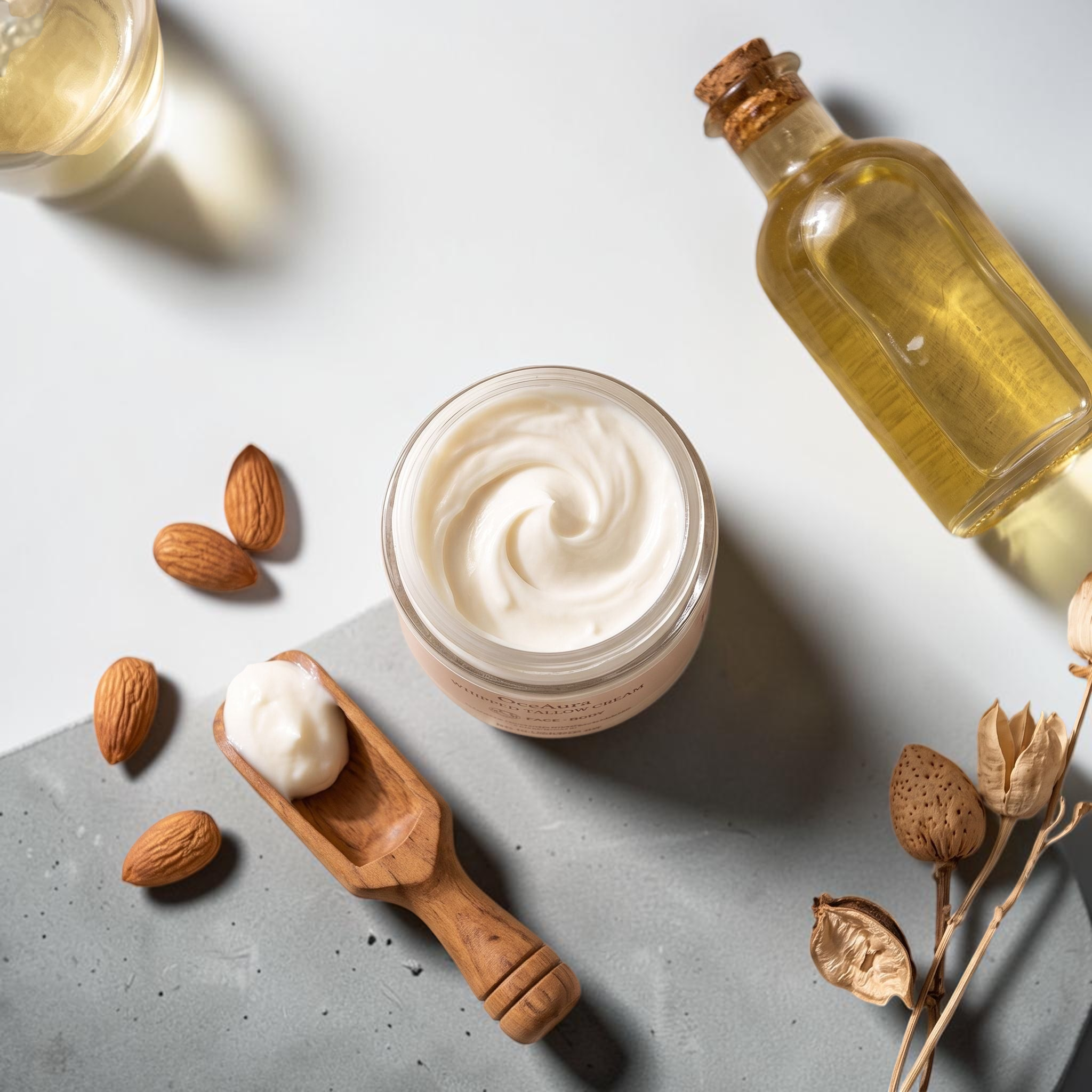 TheGromify Tallow Repair Face & Body Moisturiser in a glass jar with almond oil, whole almonds, and a wooden scoop.