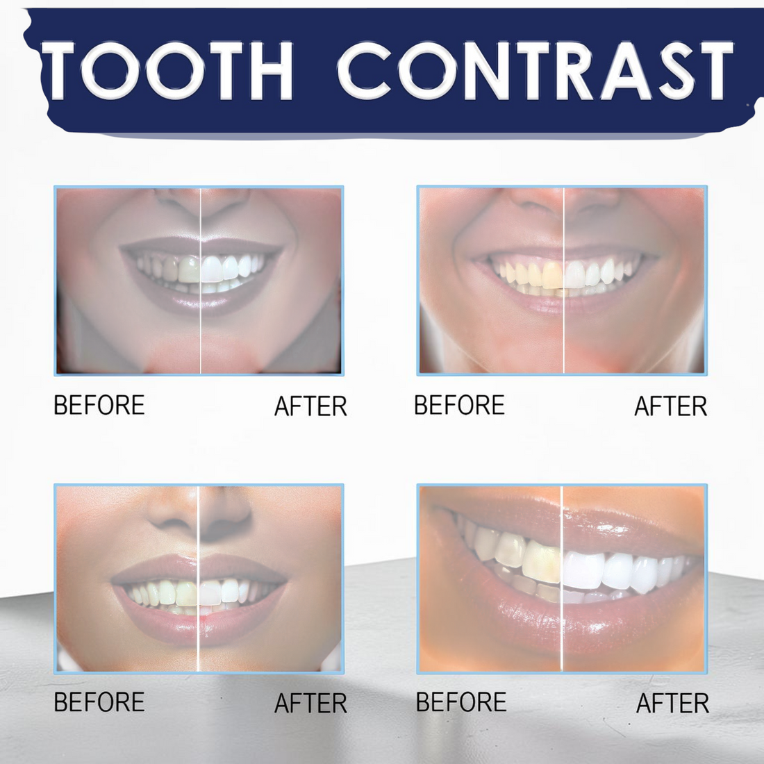 TheGromify natural teeth whitening pen before and after results showing brighter smiles on four different individuals.