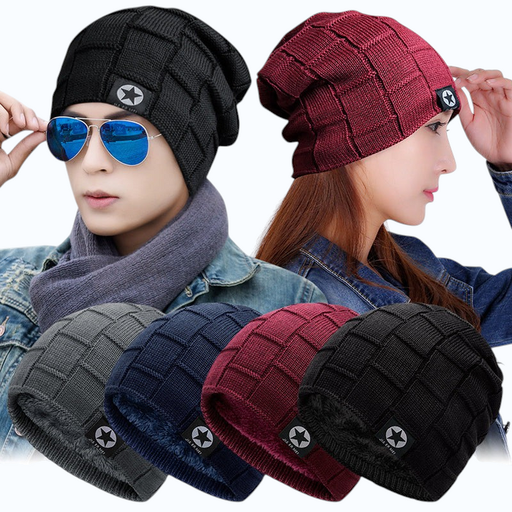 TheGromify thick woolen knit beanies in black, grey, navy, and wine red with a star logo patch on a model.