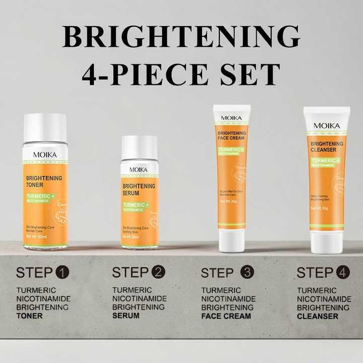 TheGromify 4-piece Turmeric and Nicotinamide brightening skincare set including toner, serum, face cream, and cleanser.