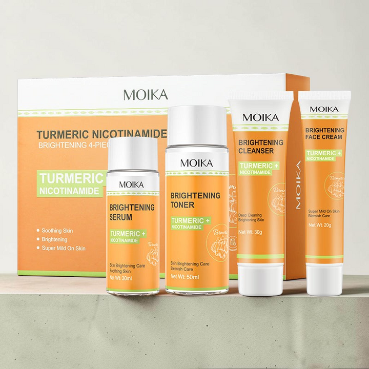 TheGromify Turmeric & Nicotinamide 4-piece brightening skincare set including cleanser, toner, serum, and face cream.