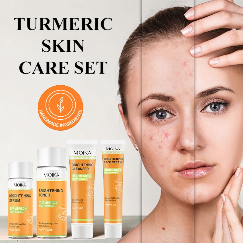 TheGromify Turmeric and Nicotinamide 4-piece brightening skincare set featuring serum, toner, cleanser, and face cream.