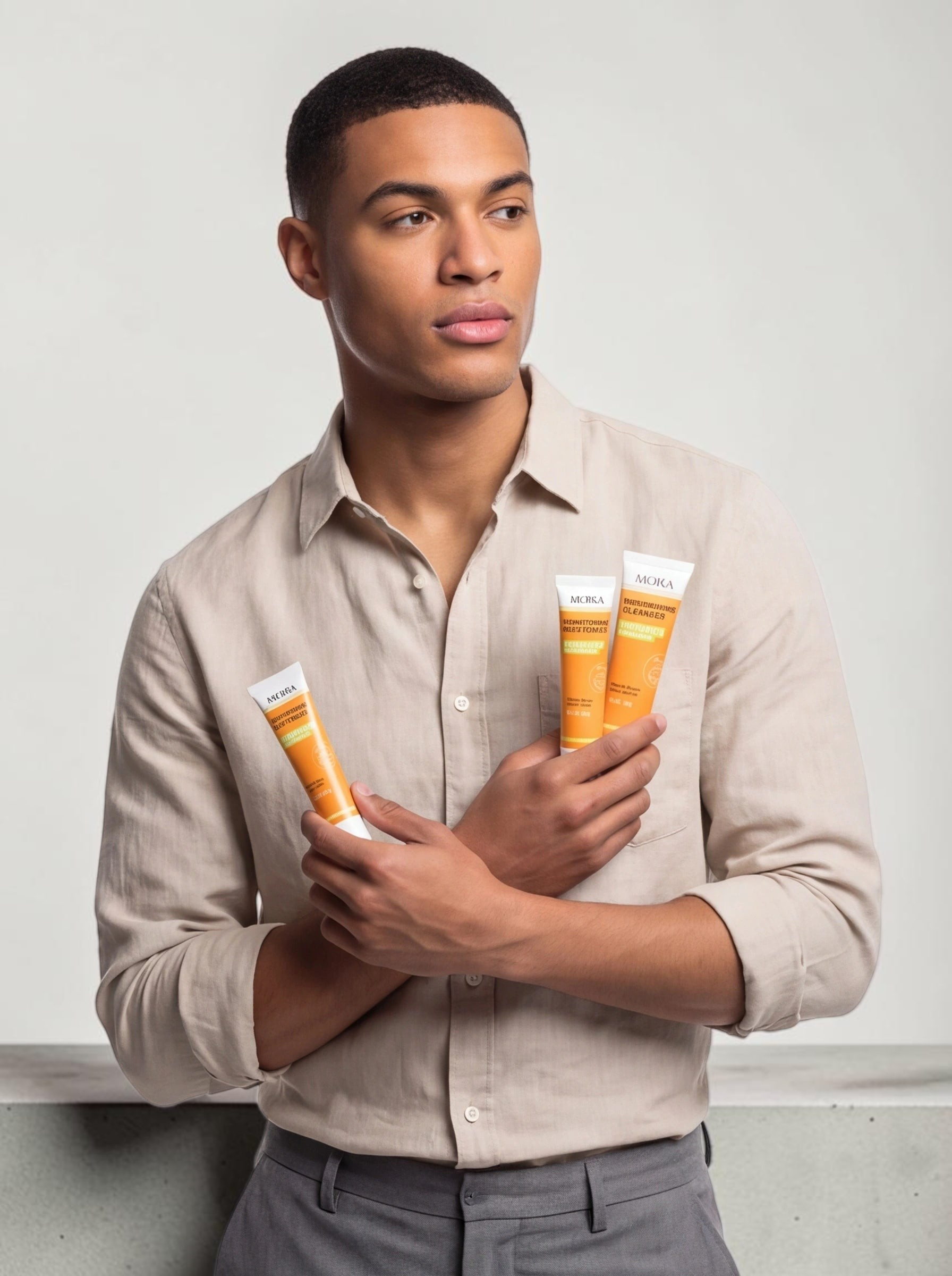 A man holding two TheGromify turmeric and nicotinamide brightening skincare tubes against a neutral studio background.