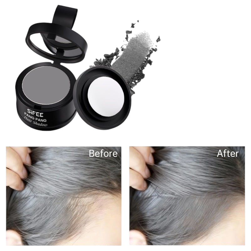 TheGromify waterproof gray hairline powder showing product packaging and before and after application on thinning hair.