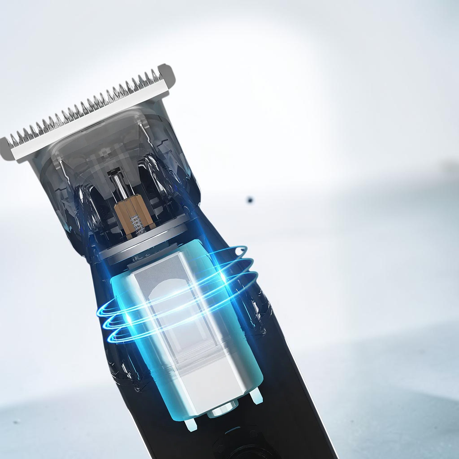 TheGromify 5-in-1 waterproof grooming trimmer showing the internal motor and transparent casing design