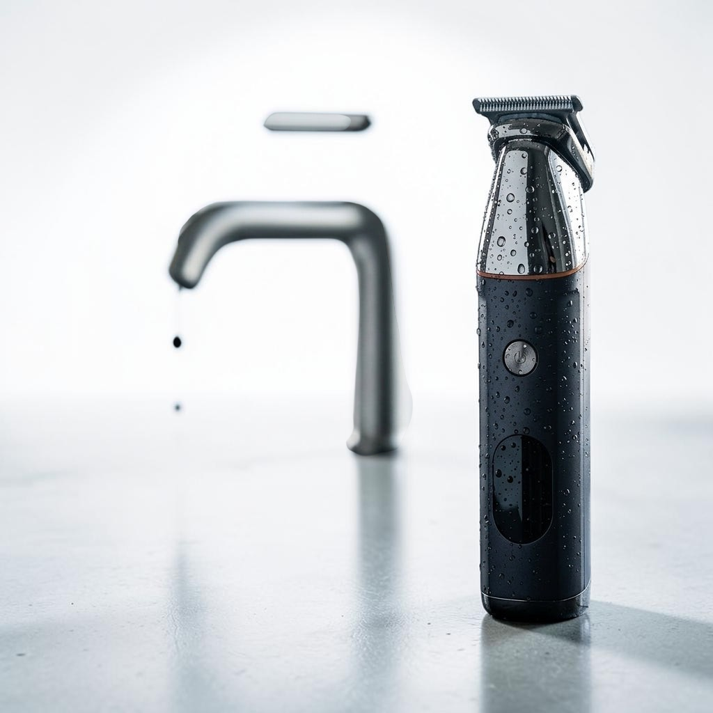 TheGromify 5-in-1 waterproof grooming trimmer with water droplets on its matte black and metallic finish by a faucet.