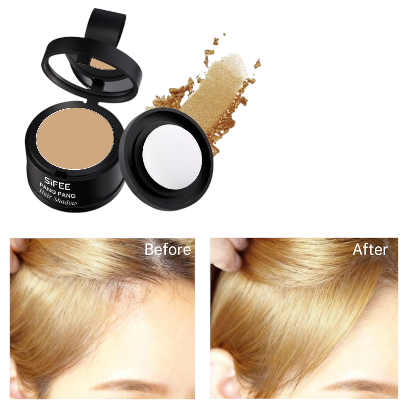 TheGromify waterproof hairline powder in a compact with applicator, showing before and after results on blonde hair.