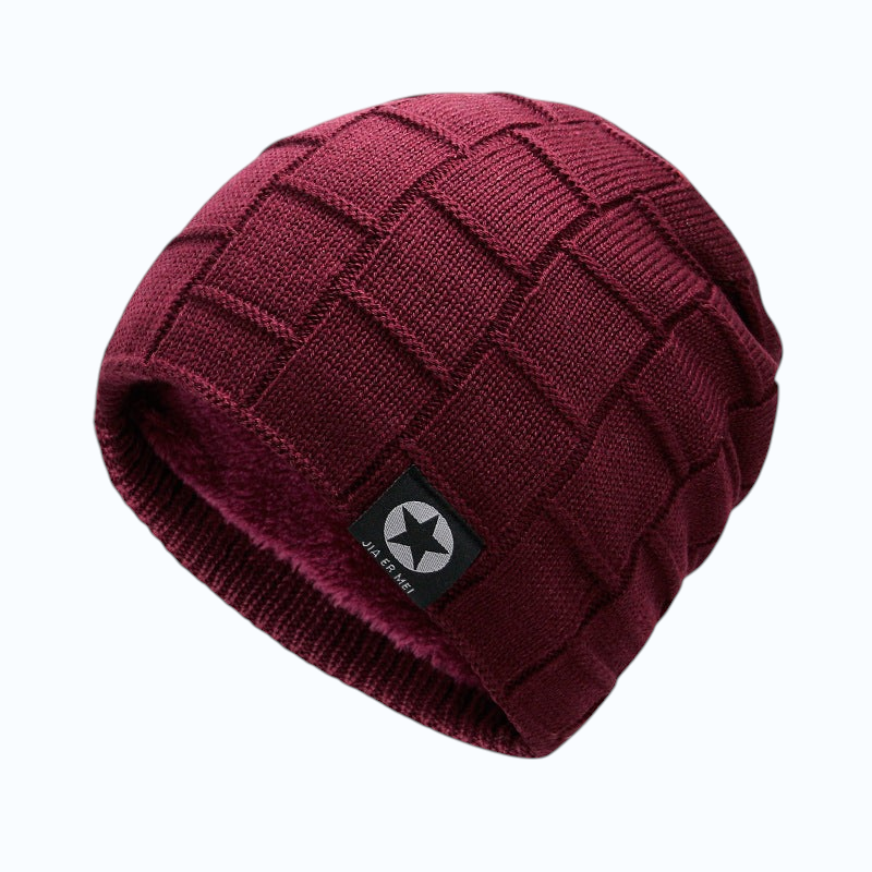 TheGromify thick wine red woolen knit beanie with a structured square pattern and a star logo patch