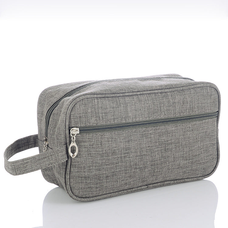 Close-up view of travel toiletry bag material and stitching