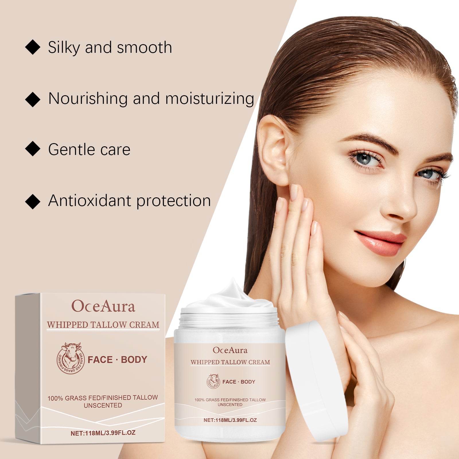 OceAura whipped tallow cream with a woman applying it to her face, featuring product details.