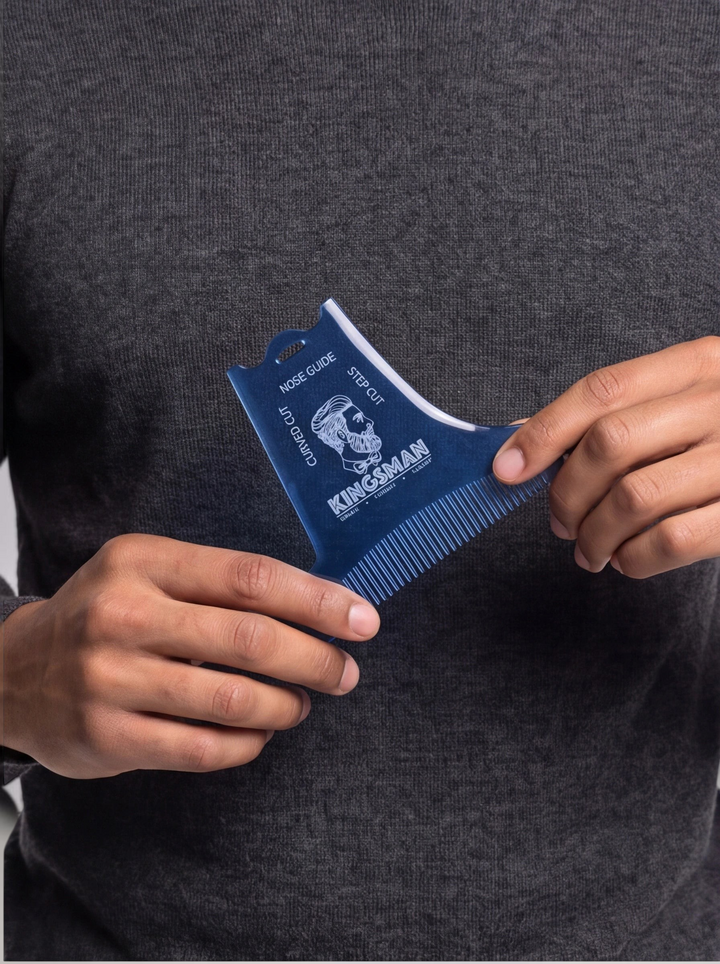 TheGromify blue plastic beard shaping tool with nose and step cut guides held by a man in a grey sweater